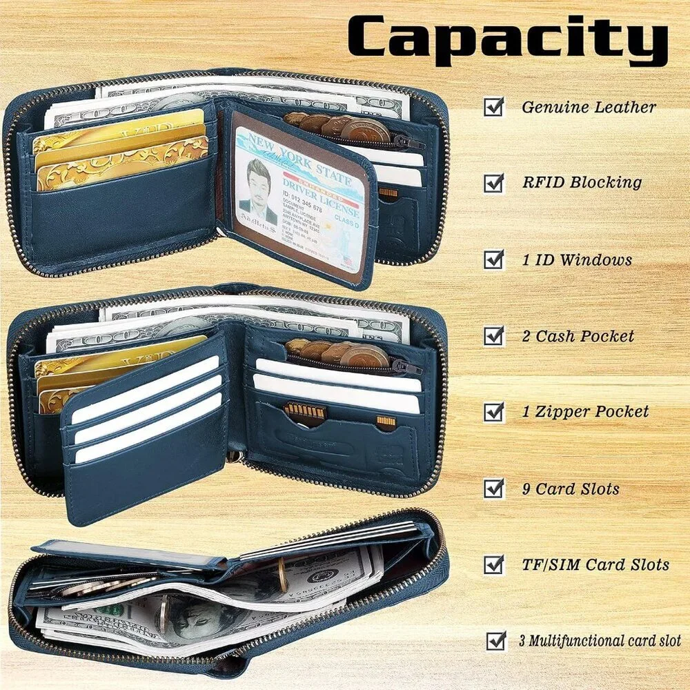 Men's Genuine Leather Navy Blue Short Zip Around Pockets Bifold Wallet Card